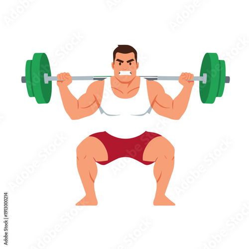 strong man barbell squat, high bar squat exercise, weightlifting workout scene, bending knees squat form, strength training concept, gym fitness routine, heavy barbell lift, muscular athlete training,