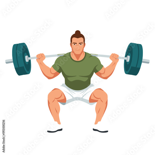 strong man barbell squat, high bar squat exercise, weightlifting workout scene, bending knees squat form, strength training concept, gym fitness routine, heavy barbell lift, muscular athlete training,