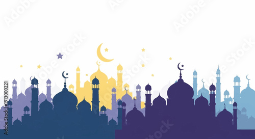 Silhouette of mosques and minarets under a crescent moon and stars.