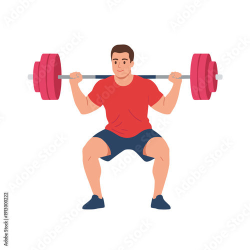 strong man barbell squat, high bar squat exercise, weightlifting workout scene, bending knees squat form, strength training concept, gym fitness routine, heavy barbell lift, muscular athlete training,