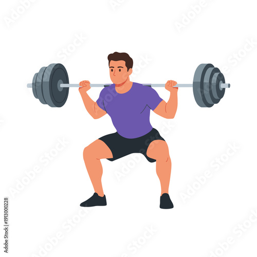 strong man barbell squat, high bar squat exercise, weightlifting workout scene, bending knees squat form, strength training concept, gym fitness routine, heavy barbell lift, muscular athlete training,