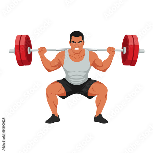 strong man barbell squat, high bar squat exercise, weightlifting workout scene, bending knees squat form, strength training concept, gym fitness routine, heavy barbell lift, muscular athlete training,
