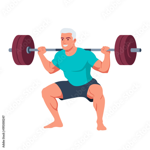 strong man barbell squat, high bar squat exercise, weightlifting workout scene, bending knees squat form, strength training concept, gym fitness routine, heavy barbell lift, muscular athlete training,