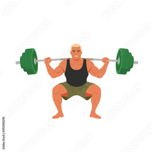 strong man barbell squat, high bar squat exercise, weightlifting workout scene, bending knees squat form, strength training concept, gym fitness routine, heavy barbell lift, muscular athlete training,