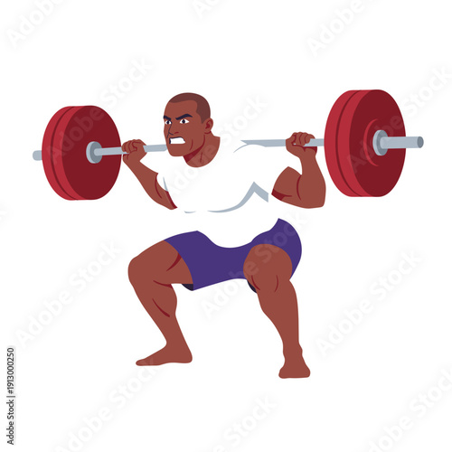 strong man barbell squat, high bar squat exercise, weightlifting workout scene, bending knees squat form, strength training concept, gym fitness routine, heavy barbell lift, muscular athlete training,