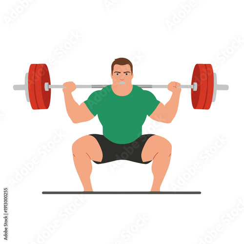 strong man barbell squat, high bar squat exercise, weightlifting workout scene, bending knees squat form, strength training concept, gym fitness routine, heavy barbell lift, muscular athlete training,