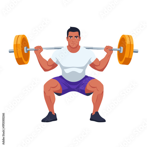 strong man barbell squat, high bar squat exercise, weightlifting workout scene, bending knees squat form, strength training concept, gym fitness routine, heavy barbell lift, muscular athlete training,