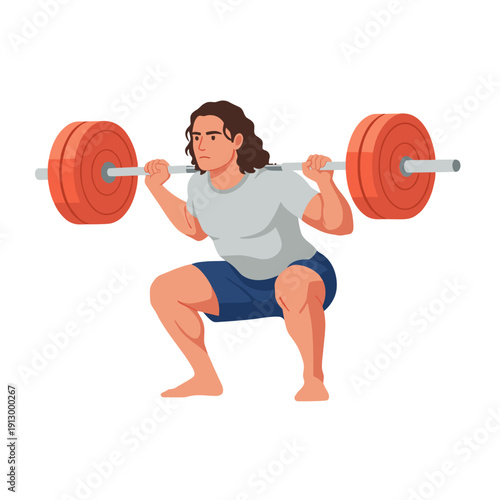 strong man barbell squat, high bar squat exercise, weightlifting workout scene, bending knees squat form, strength training concept, gym fitness routine, heavy barbell lift, muscular athlete training,