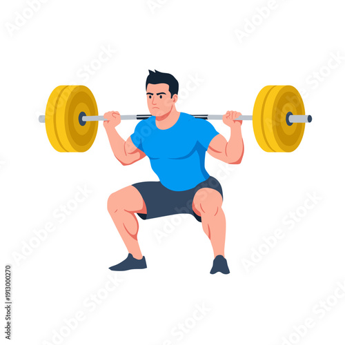 strong man barbell squat, high bar squat exercise, weightlifting workout scene, bending knees squat form, strength training concept, gym fitness routine, heavy barbell lift, muscular athlete training,