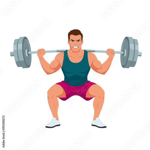 strong man barbell squat, high bar squat exercise, weightlifting workout scene, bending knees squat form, strength training concept, gym fitness routine, heavy barbell lift, muscular athlete training,