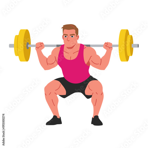 strong man barbell squat, high bar squat exercise, weightlifting workout scene, bending knees squat form, strength training concept, gym fitness routine, heavy barbell lift, muscular athlete training,