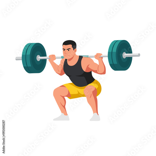 strong man barbell squat, high bar squat exercise, weightlifting workout scene, bending knees squat form, strength training concept, gym fitness routine, heavy barbell lift, muscular athlete training,
