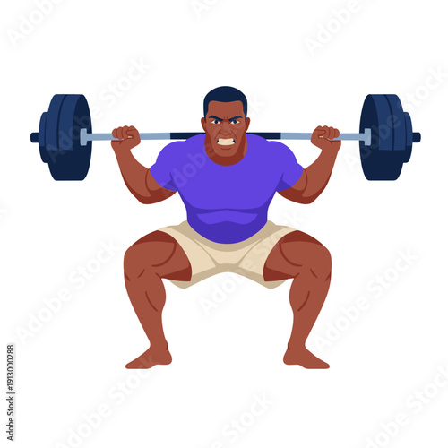 strong man barbell squat, high bar squat exercise, weightlifting workout scene, bending knees squat form, strength training concept, gym fitness routine, heavy barbell lift, muscular athlete training,