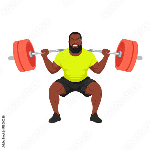 strong man barbell squat, high bar squat exercise, weightlifting workout scene, bending knees squat form, strength training concept, gym fitness routine, heavy barbell lift, muscular athlete training,