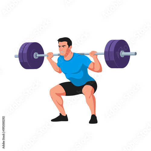 strong man barbell squat, high bar squat exercise, weightlifting workout scene, bending knees squat form, strength training concept, gym fitness routine, heavy barbell lift, muscular athlete training,