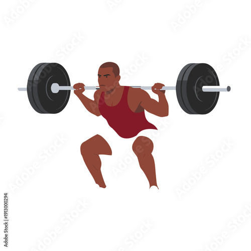 strong man barbell squat, high bar squat exercise, weightlifting workout scene, bending knees squat form, strength training concept, gym fitness routine, heavy barbell lift, muscular athlete training,