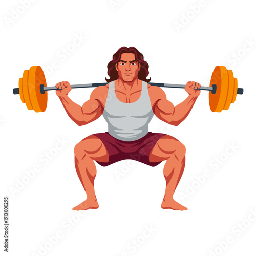 strong man barbell squat, high bar squat exercise, weightlifting workout scene, bending knees squat form, strength training concept, gym fitness routine, heavy barbell lift, muscular athlete training,