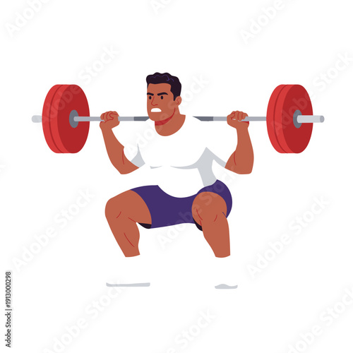 strong man barbell squat, high bar squat exercise, weightlifting workout scene, bending knees squat form, strength training concept, gym fitness routine, heavy barbell lift, muscular athlete training,