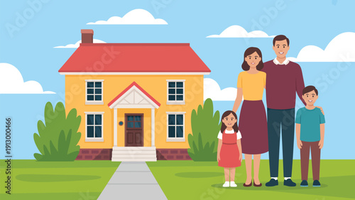 happy family standing in front of their house flat illustration parents with children home ownership real estate concept suburban home