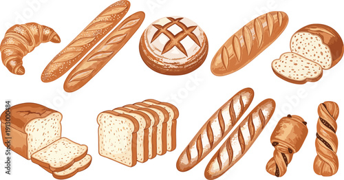 Artisan bakery bread collection set. Baguette, croissant and sliced loaf variety. Rustic baked goods assortment. Golden crust bread vector illustration pack.