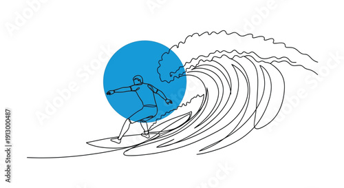 Surfer riding a wave, minimalist line art with blue circle