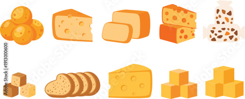 Cheese and dairy Premium icon set. Swiss, cheddar, sliced bread and sugar cubes collection. Flat modern food illustration for grocery and menu design.