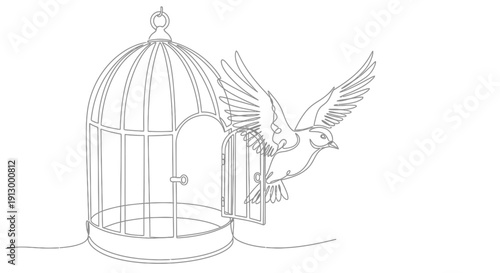 Single line drawing of a bird flying out of an open birdcage