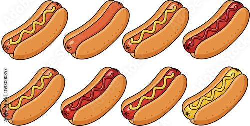 Hot dog sandwich collection set. Classic sausage with ketchup and mustard. American street food icons. Tasty fast food vector illustration pack.