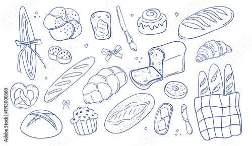Whimsical chalk style illustrations of bread and bakery items. Hand drawn vintage sketches perfect for menu design, restaurant posters or Italian cafe branding with retro charm