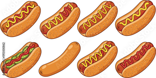 Hot dog variations collection set. Sausage with ketchup, mustard and relish. Classic American fast food icons. Tasty hotdog vector illustration pack.
