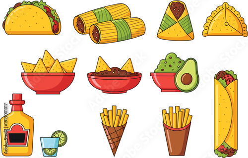 Mexican fast food icons collection set. Taco, burrito, nachos and fries. Guacamole, sauce and tequila elements. Colorful street food vector illustration pack.
