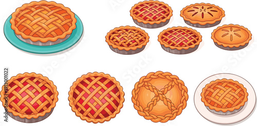Lattice pie and tart collection set. Classic homemade bakery desserts. Apple and berry crust pastries in different styles. Sweet pie vector illustration pack.