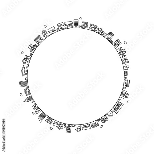 Monochrome circular town composition in line style