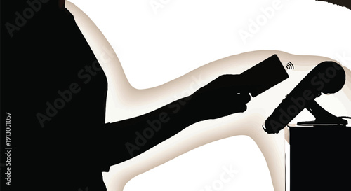 Dark silhouette of a hand holding a small rectangular card near an abstract shape representing a counter or device in soft beige.