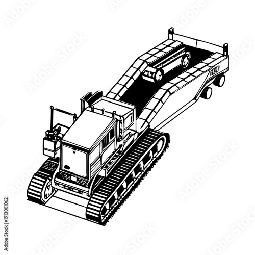 Heavy duty truck transporting car on rugged terrain with tracks