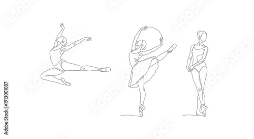 Single line drawing of three ballerinas in various poses
