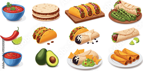 Mexican food and tacos collection set. Burrito, enchiladas, guacamole and salsa. Spicy street cuisine assortment. Colorful Latin food vector illustration pack.