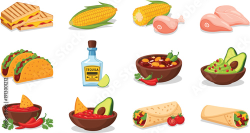 Mexican food ingredients and dishes set. Tacos, burrito, guacamole and salsa. Corn, chicken and tequila elements. Colorful cuisine vector illustration pack.