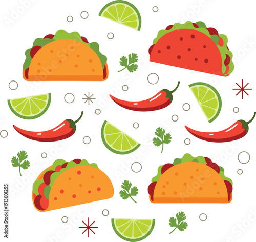 Mexican taco pattern set. Seamless background with lime and chili. Colorful street food design. Fun fiesta vector illustration pack.