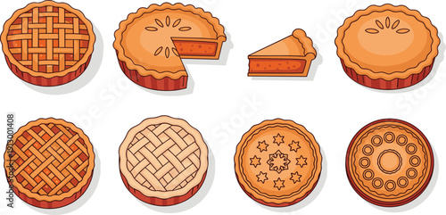 Pie dessert Premium icon set. Lattice crust and pumpkin pie collection. Sweet bakery tart vector illustration bundle.