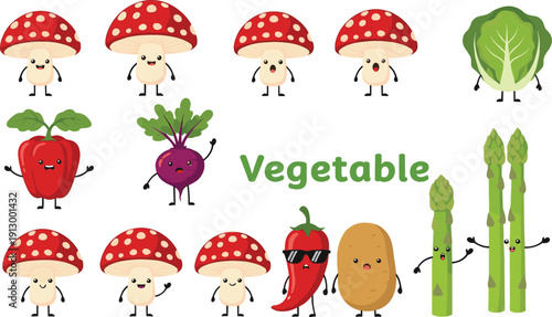 Cute Cartoon Vegetables and Mushrooms Vector Set for Kids Education, Healthy Food Concepts, Nutrition Learning, Posters, and Playful Graphic Design Projects