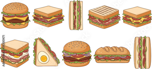 Sandwich and burger collection set. Club sandwich, sub and cheeseburger variety. Fresh fast food lunch icons. Detailed vector illustration pack.