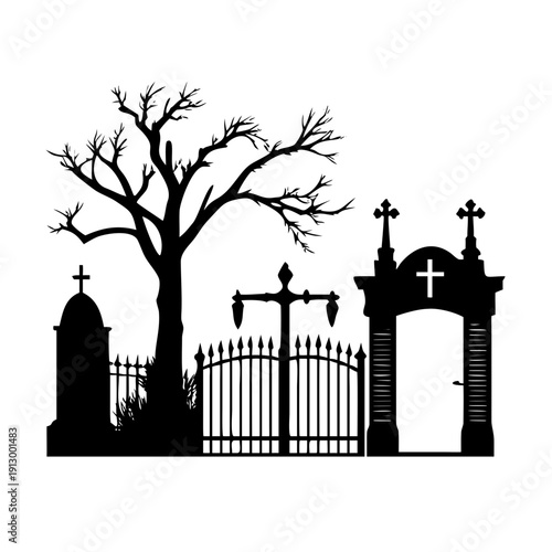 Spooky cemetery entrance with gravestones and bare tree