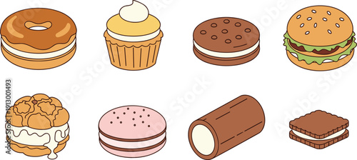 Sweet and fast food Premium icon set. Donut, cupcake, macaron, burger and dessert snacks. Modern flat outline bakery and junk food vector collection.