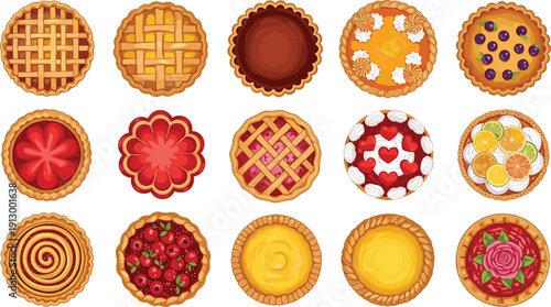 Top view pie and tart collection. Sweet bakery dessert variety set. Fruit, cream, citrus and lattice pastries. Colorful round pie vector illustration pack.