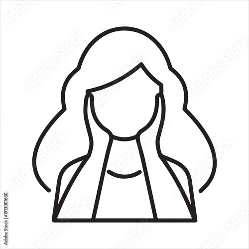 Woman holding hands to face representing stress, pain, or tiredness as a minimalist line art icon