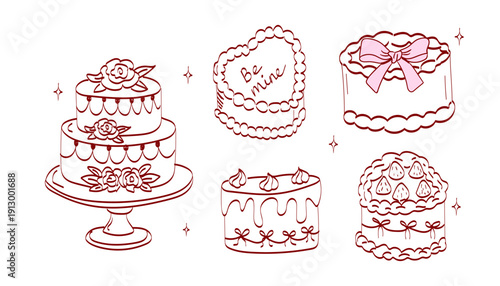 Different types of cakes with decorations and designs for events and celebrations in red outlines