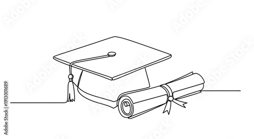 Graduation cap and diploma scroll, education achievement, single line art