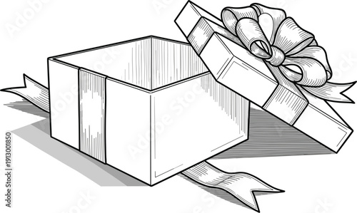 Hand drawn open gift box line art illustration with a decorative ribbon and bow isolated on white background for surprise and celebration icons.