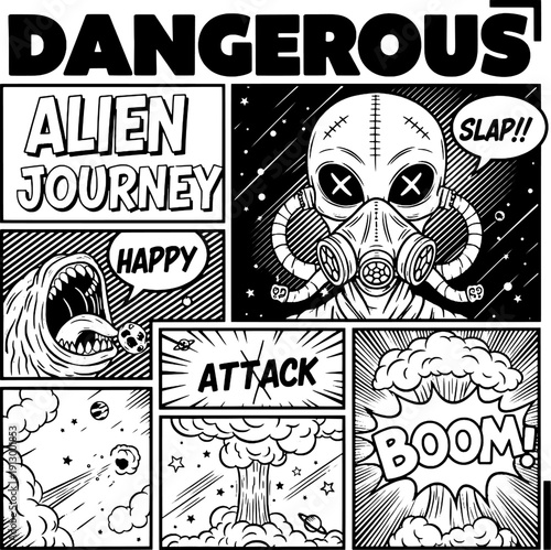 Dangerous Alien Journey Comic Strip with Extraterrestrial Creatures and Space Attack